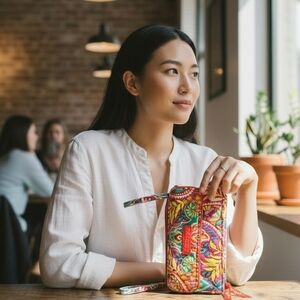 Vera Bradley Colorful Floral Print Foldover Wristlet Clutch Wrist Strap Red Trim